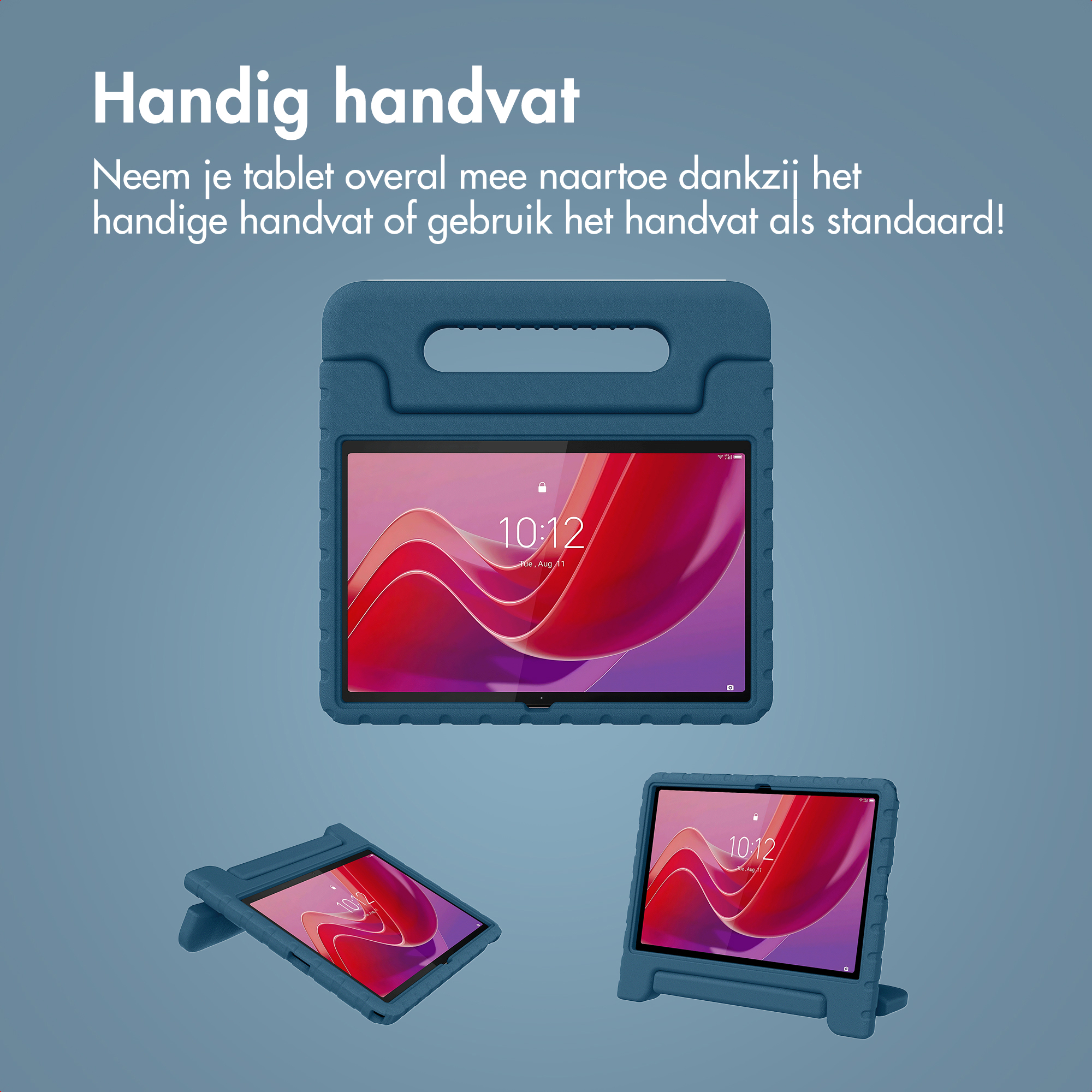 Three blue tablets with pink and purple screens, one upright, one angled, and one in a stand, on a blue background.