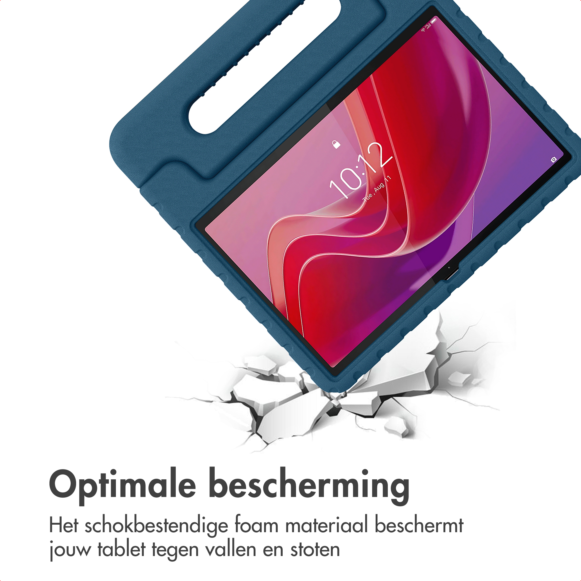 A blue tablet with handle protection falls through white cracked surfaces.