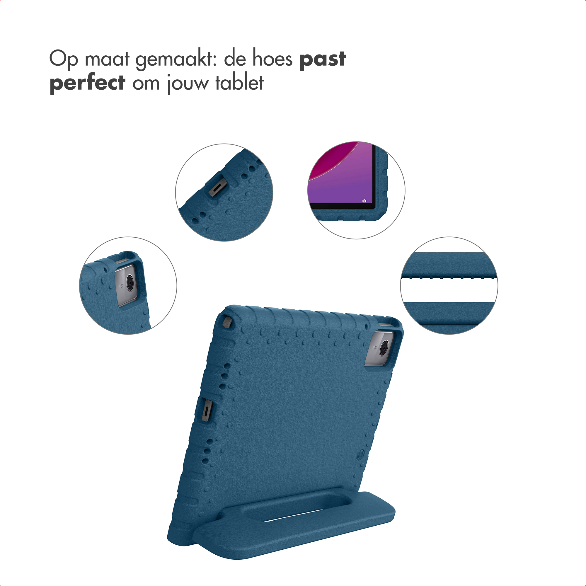 A blue tablet case with a stand. Multiple close-ups show details.