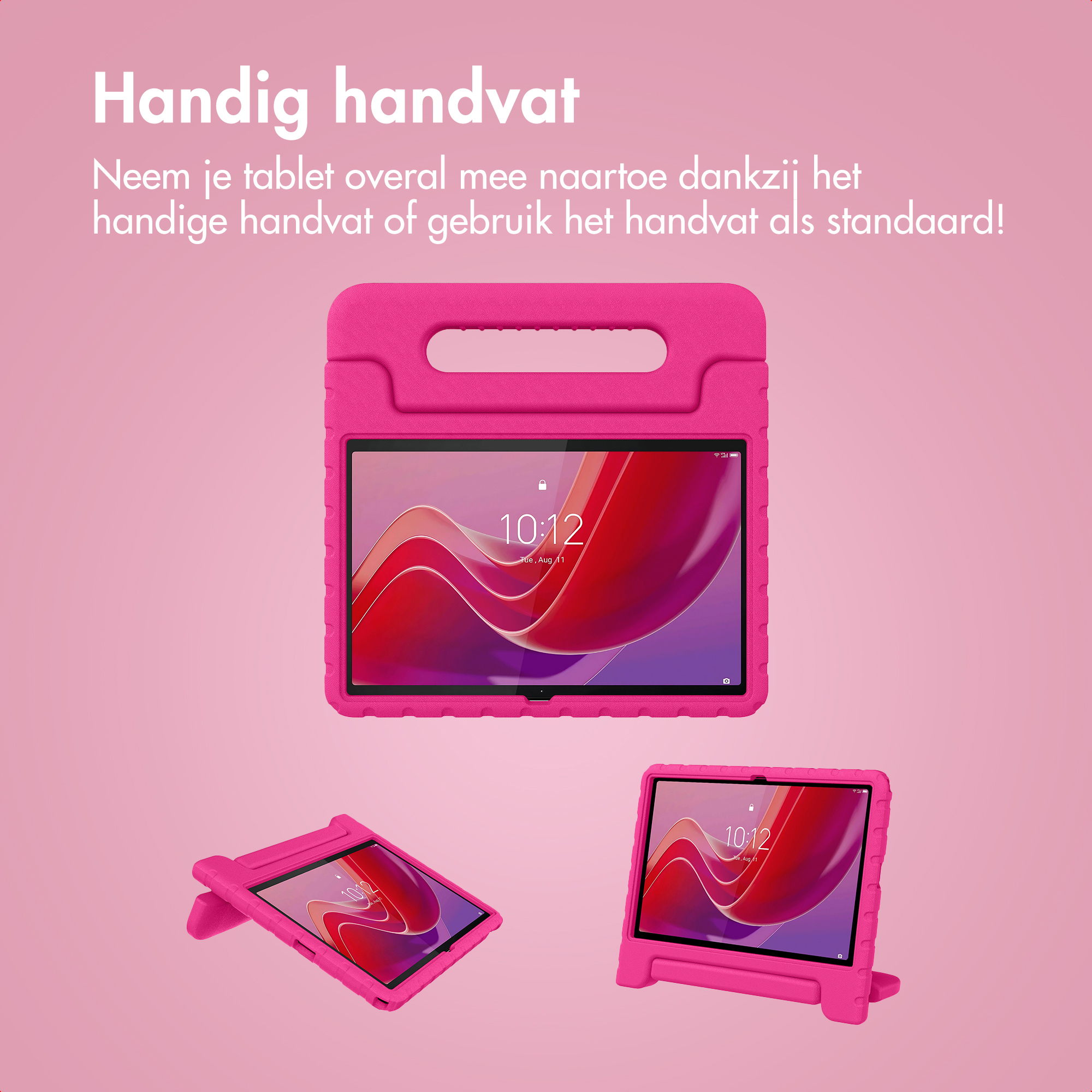 Three pink tablet cases with handles and stands on a pink background.