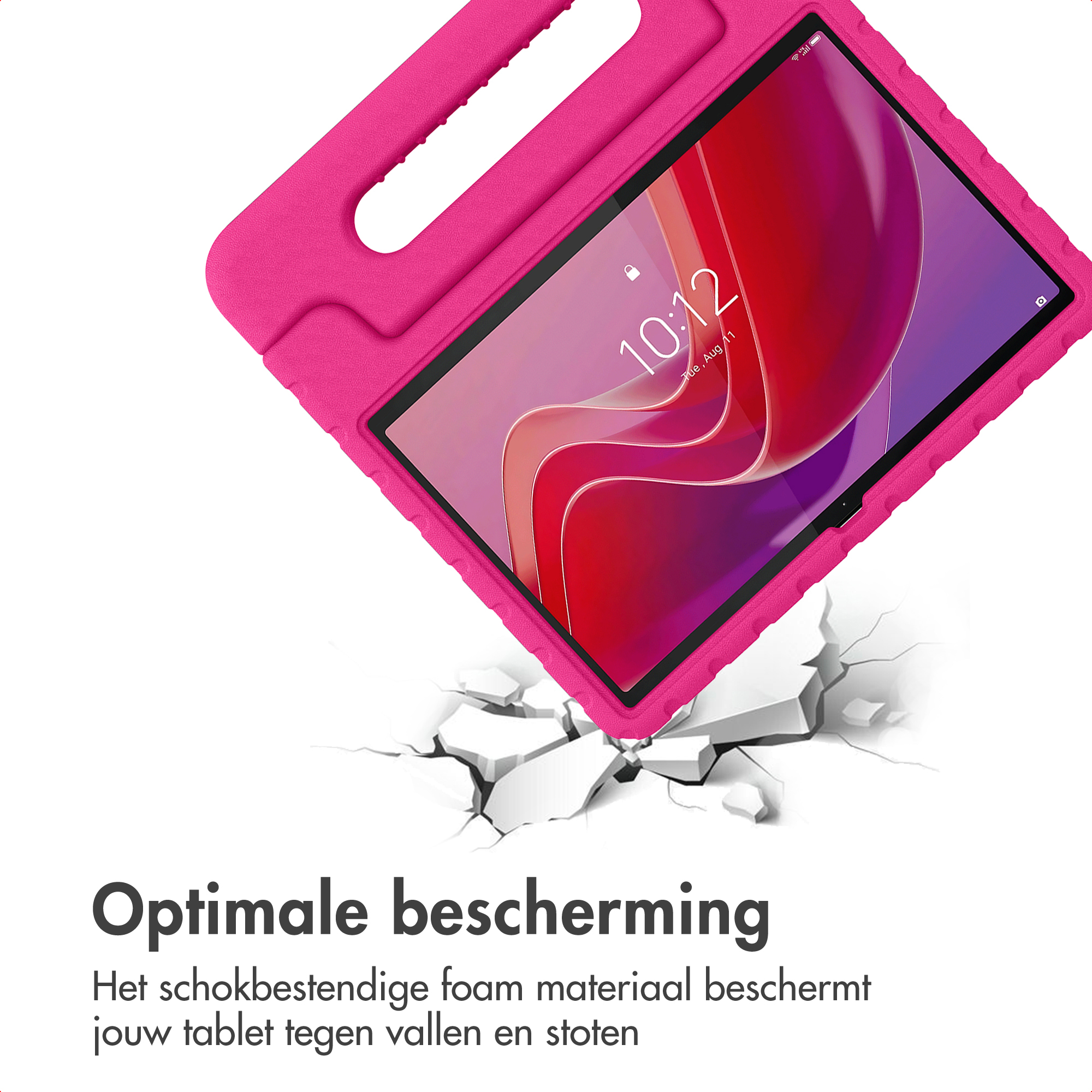 A pink tablet case with a handle breaks through the ground.