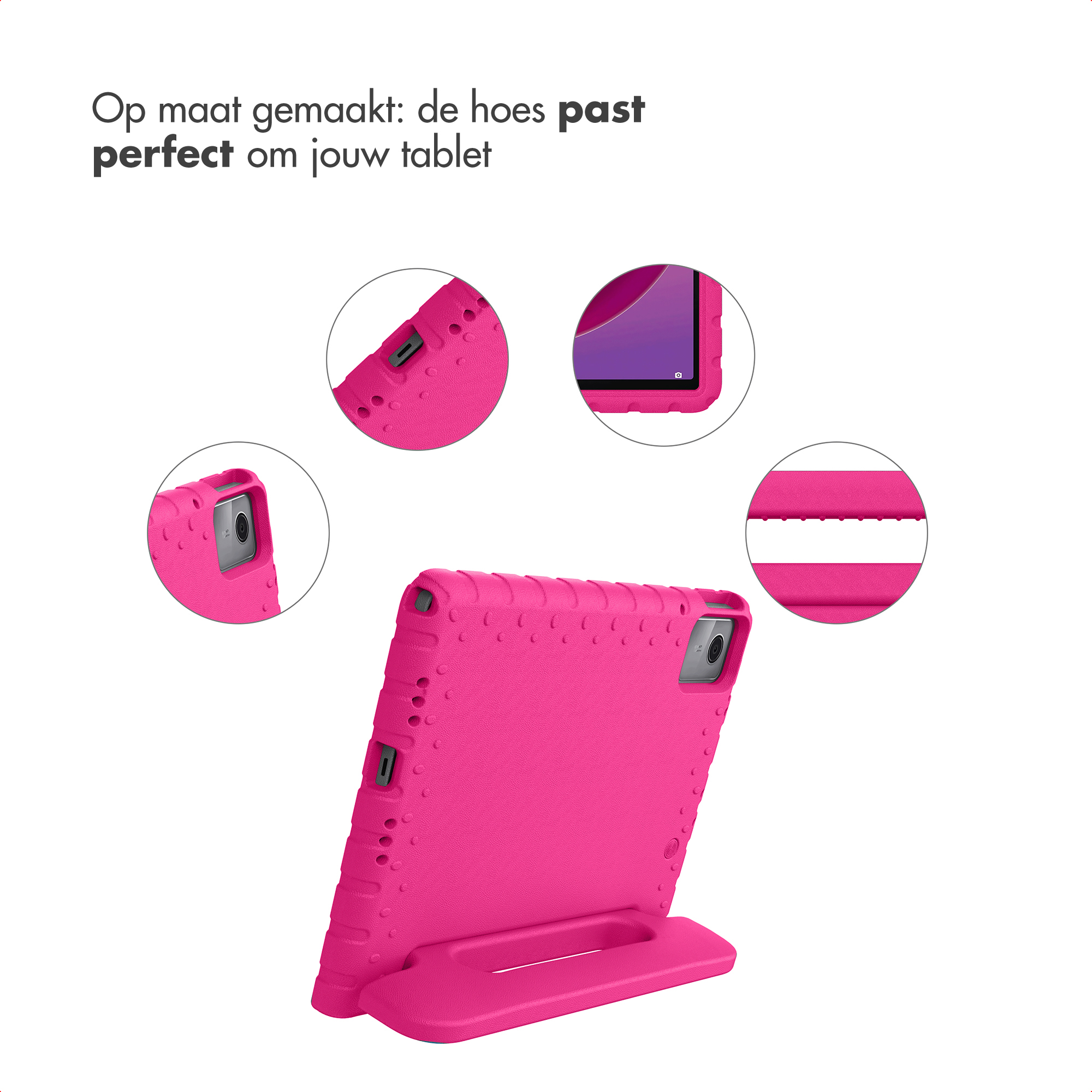 A pink tablet case with cutouts for camera and ports, shown upright.