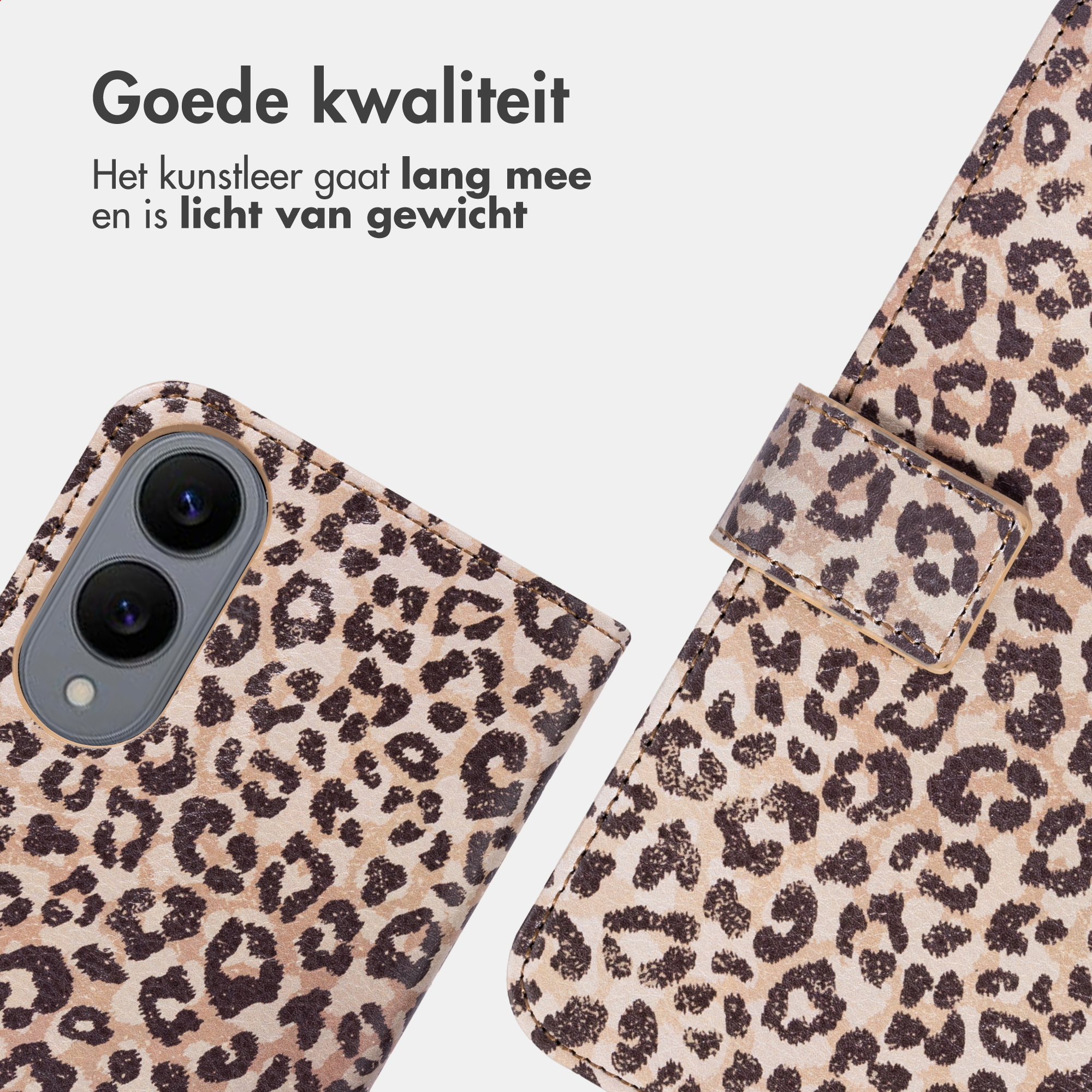 Custodia per telefono leopardata con ritaglio fotocamera e chiusura.