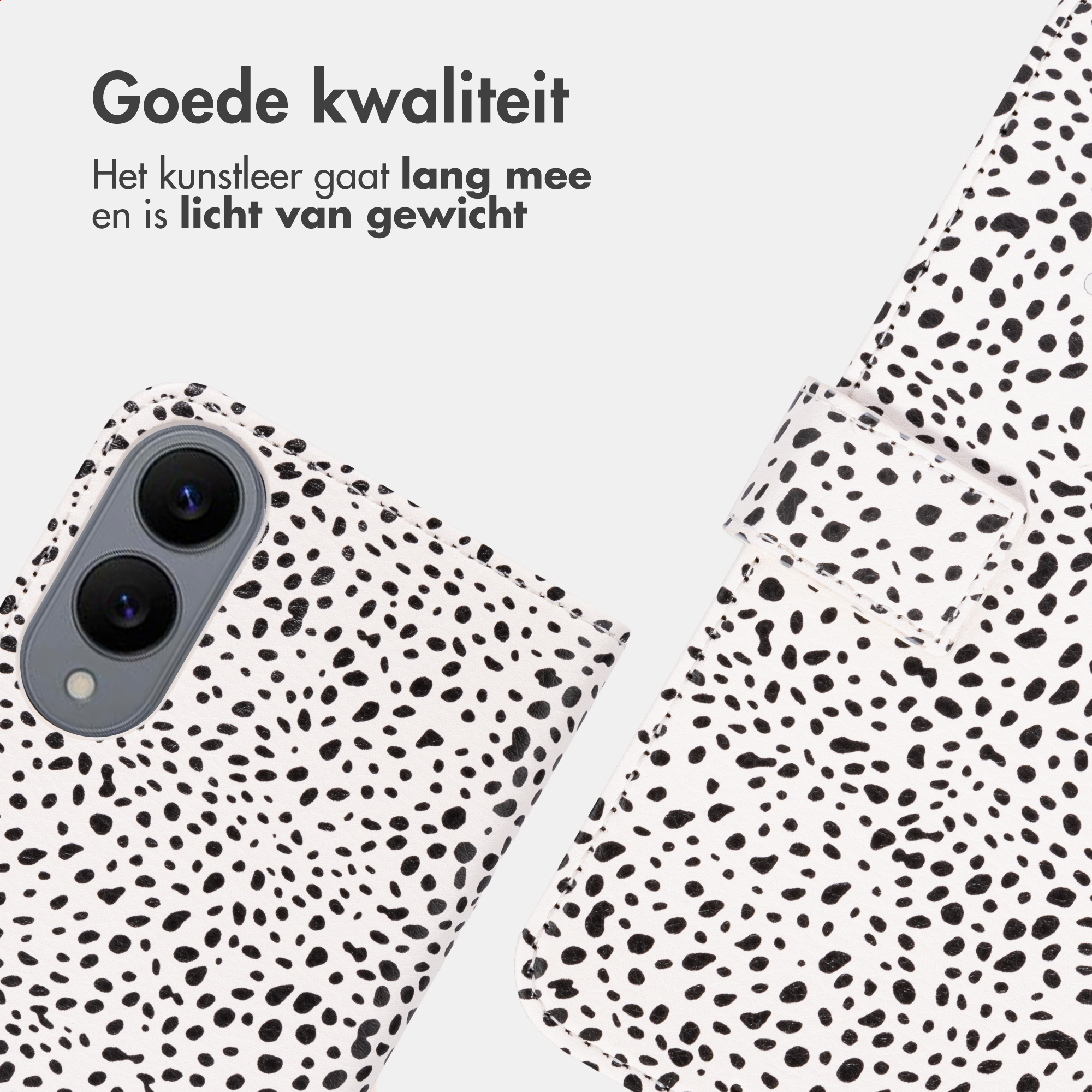 Una custodia per smartphone con stampa dalmata, dotata di doppia fotocamera e chiusura magnetica.