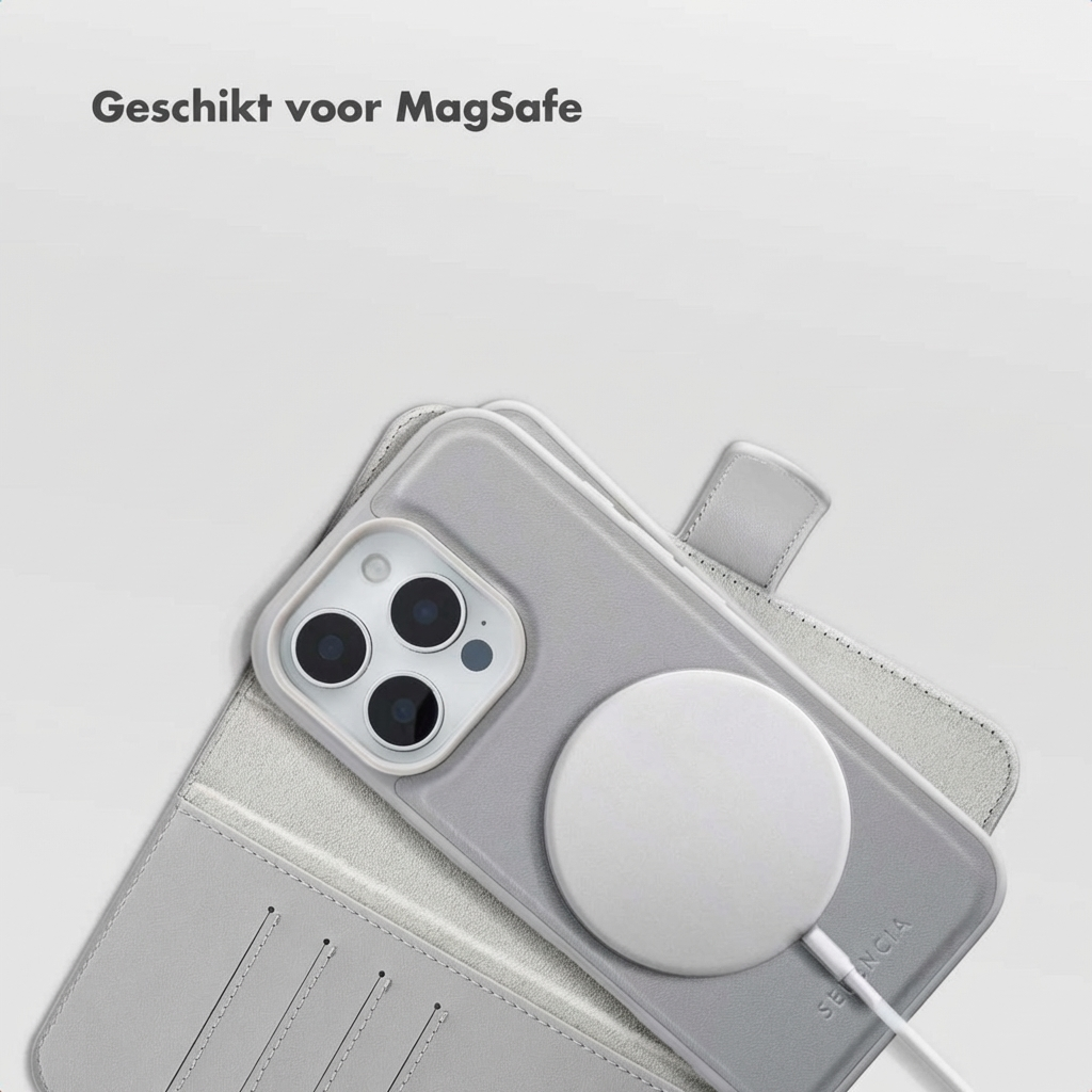iPhone grigio con caricabatterie MagSafe su custodia grigia.