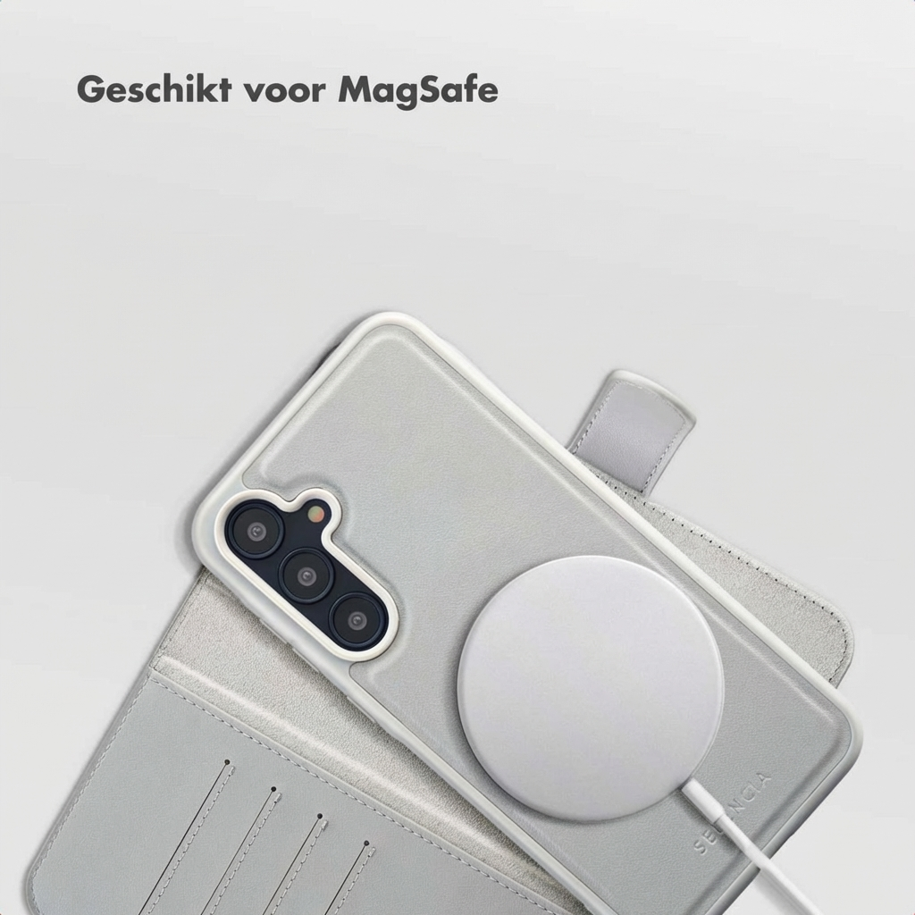 Custodia grigia per telefono con caricatore MagSafe e foro fotocamera.