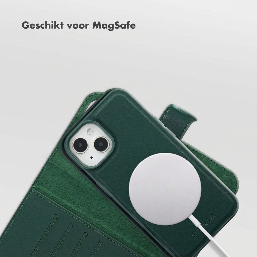 Custodia verde scuro per telefono con caricatore MagSafe, su sfondo chiaro.