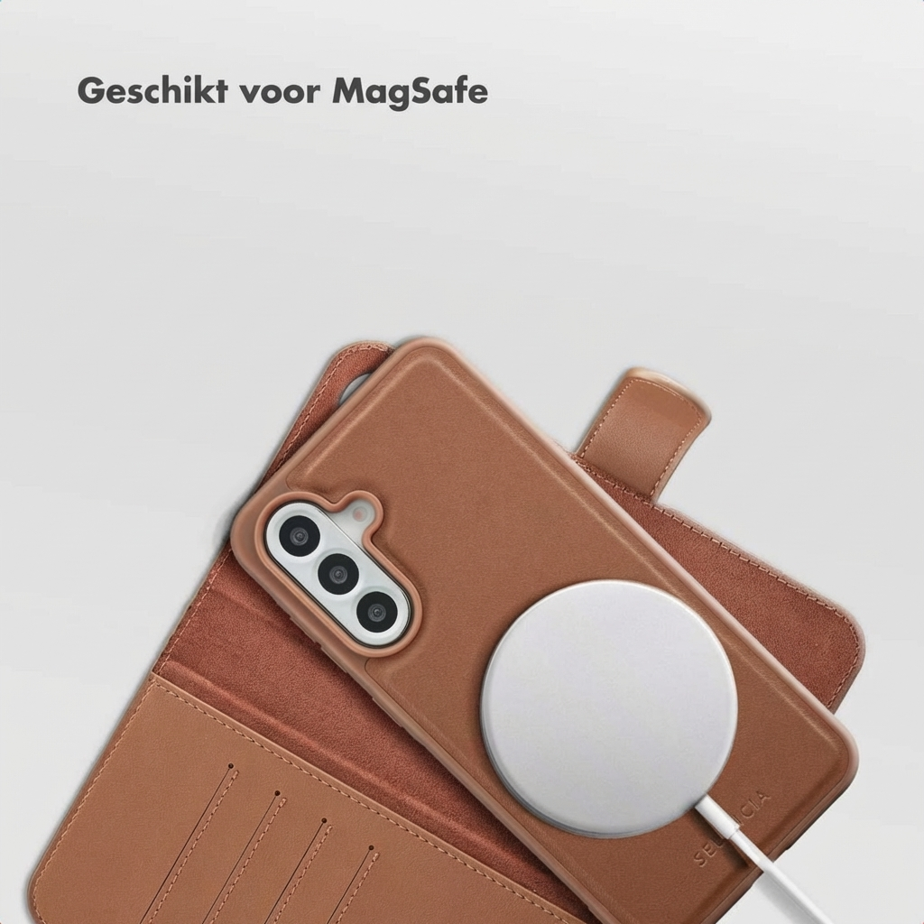 Custodia marrone per telefono con caricatore MagSafe e slot.