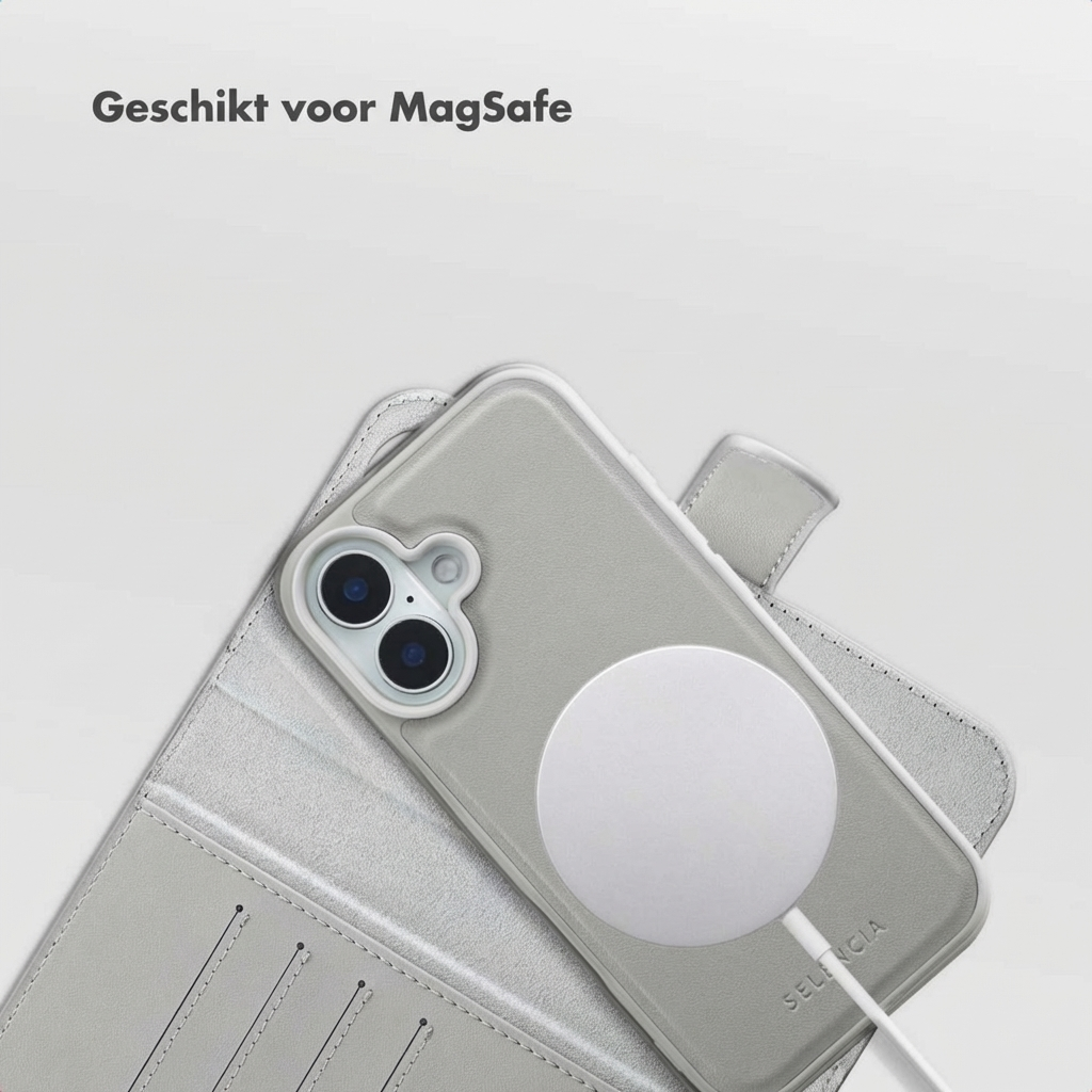 Telefono grigio con caricatore MagSafe e custodia a portafoglio aperta.