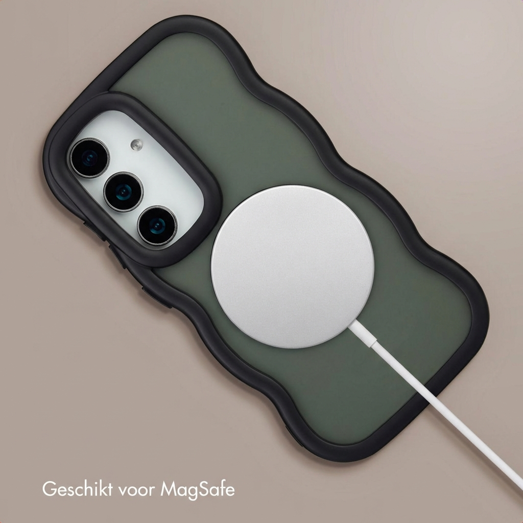 Custodia verde scuro con caricatore MagSafe, tre obiettivi e bordo nero.