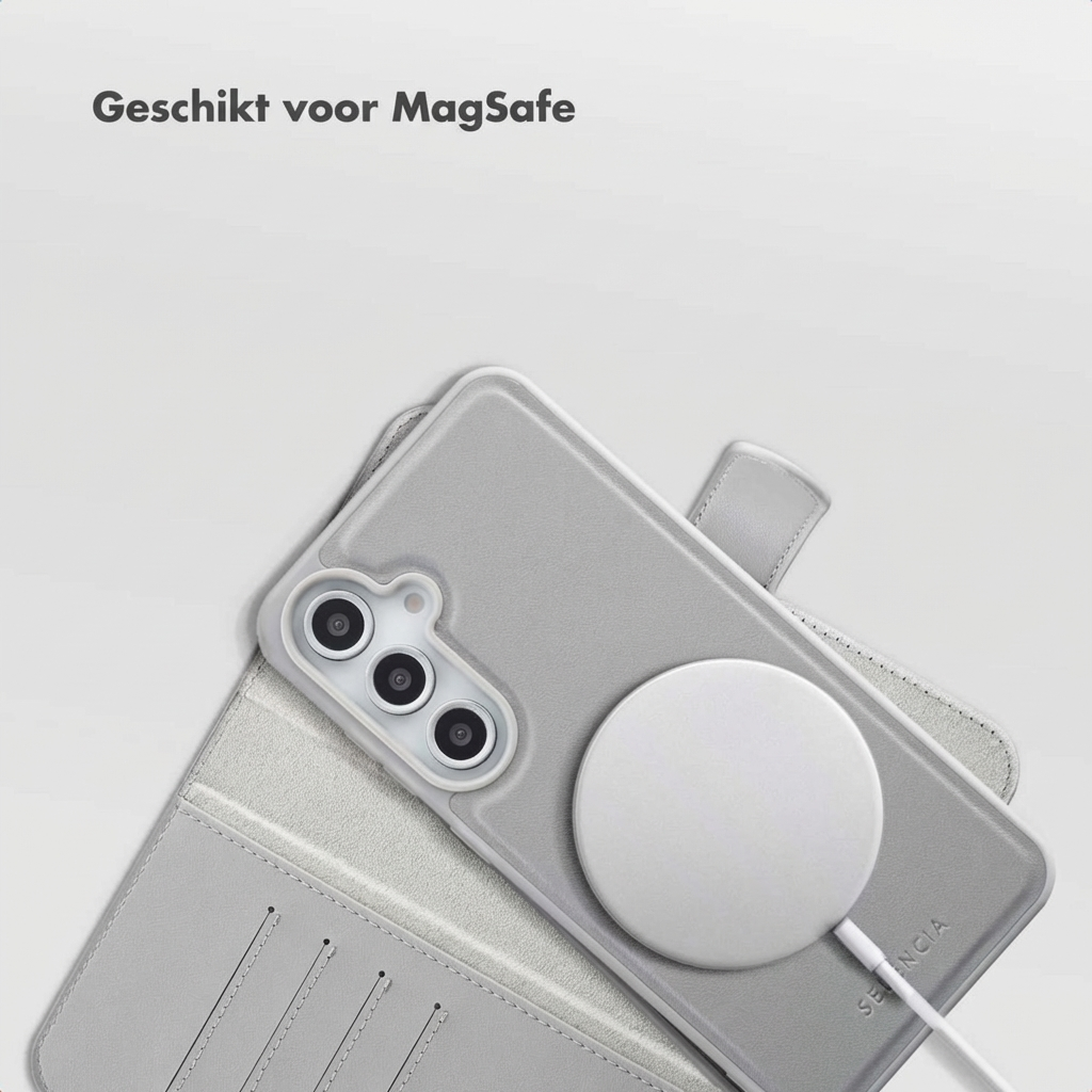Custodia grigia per telefono con caricatore MagSafe e tre lenti.