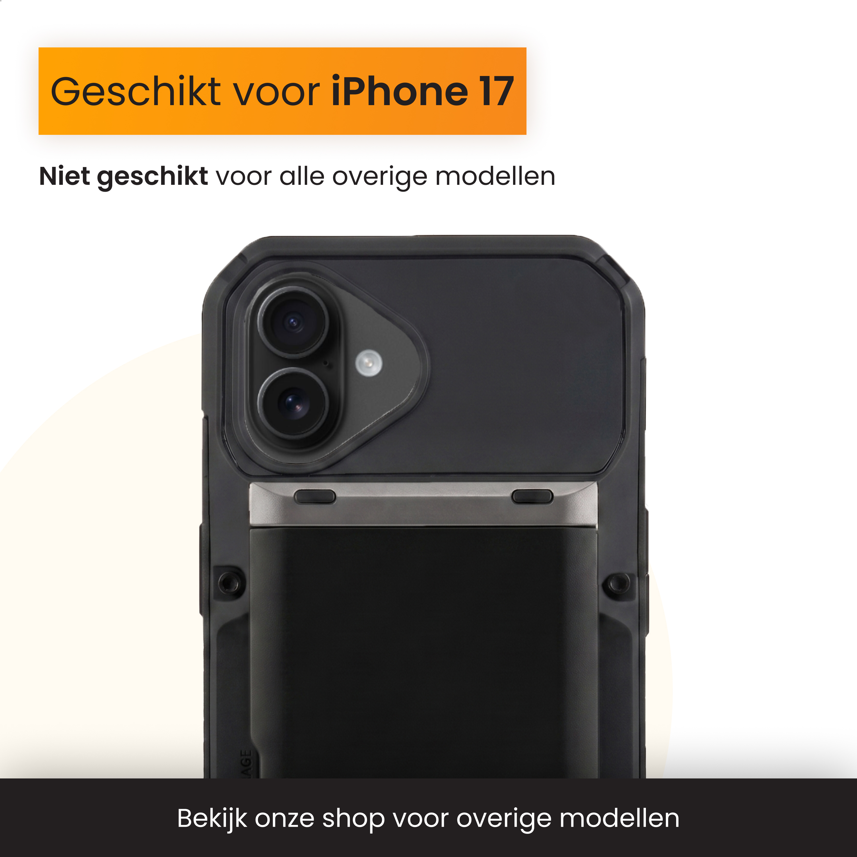 Black iPhone protective case with camera and text.