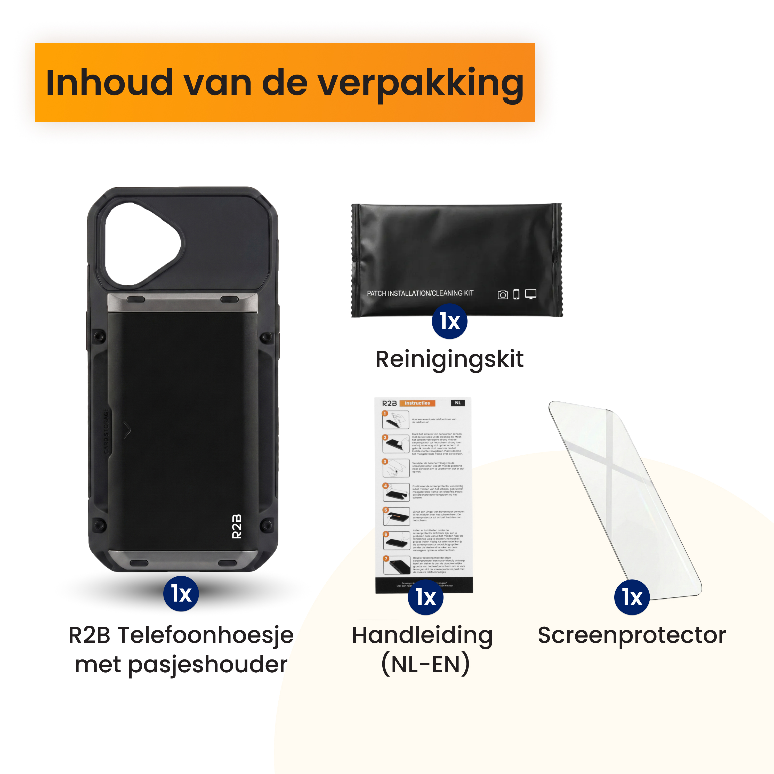 Package contents: Phone case with card holder, cleaning kit, instructions, screen protector.