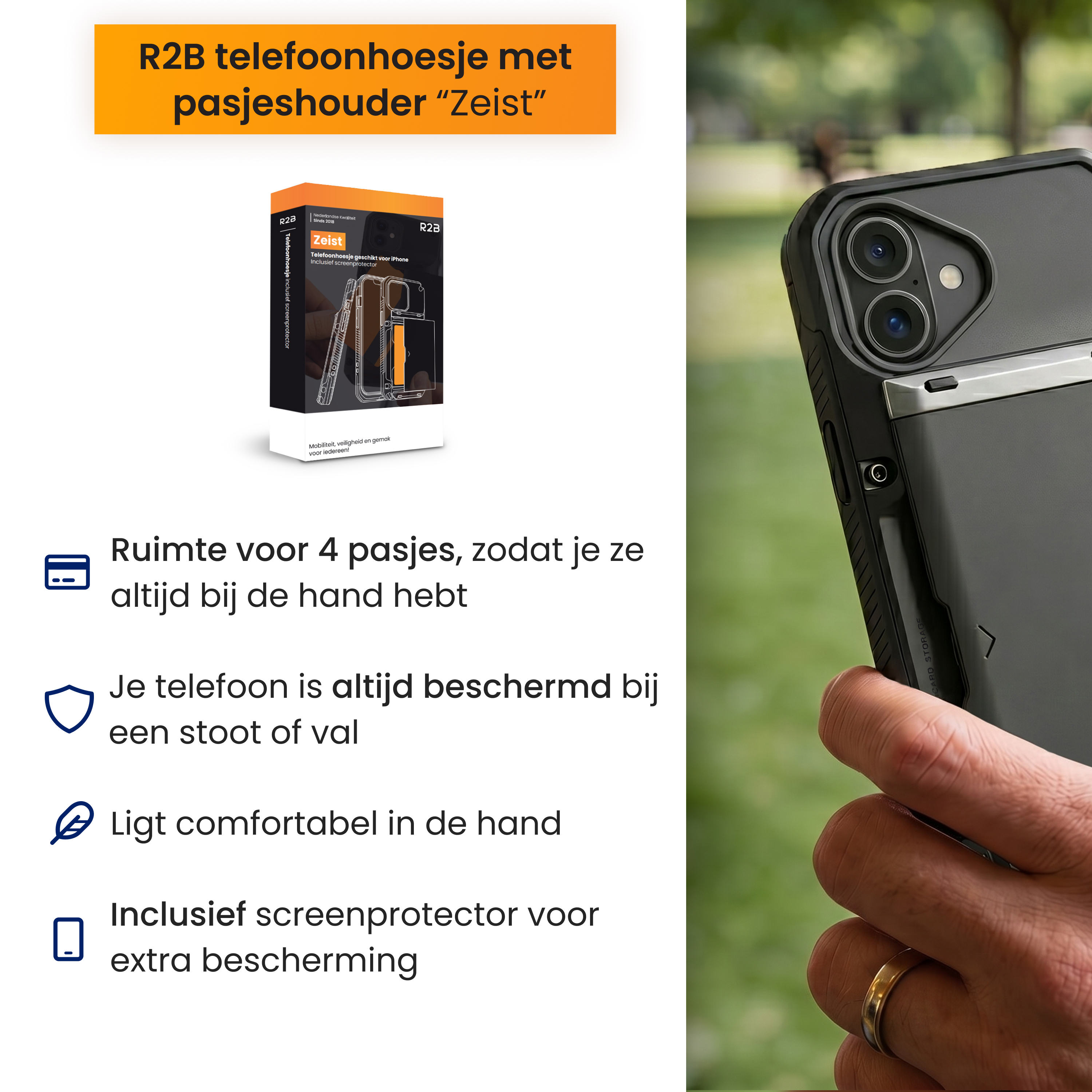 Black iPhone case with card holder and screen protector outdoors.