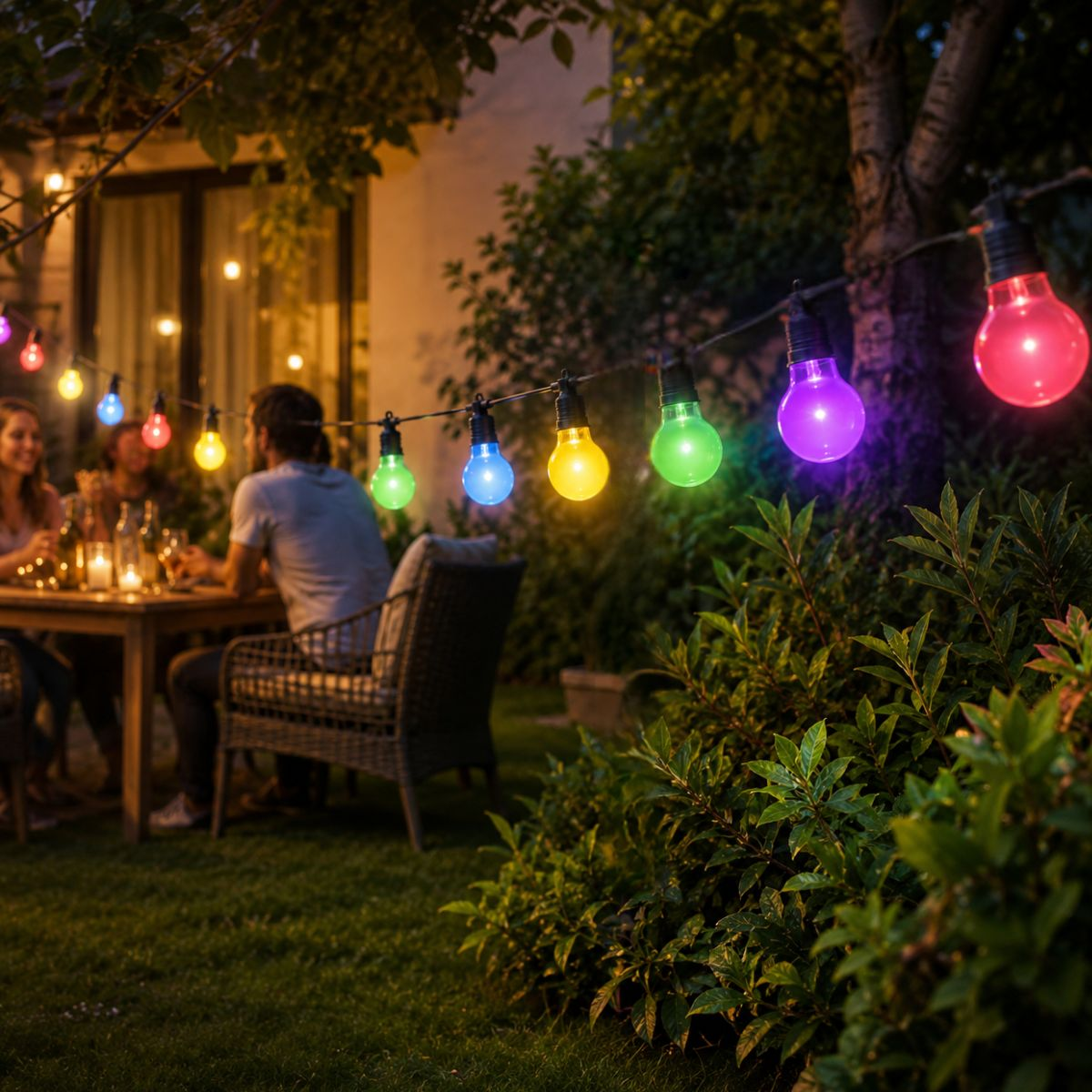 Kleurrijke lichtslinger boven tuin bij schemering, mensen aan tafel.