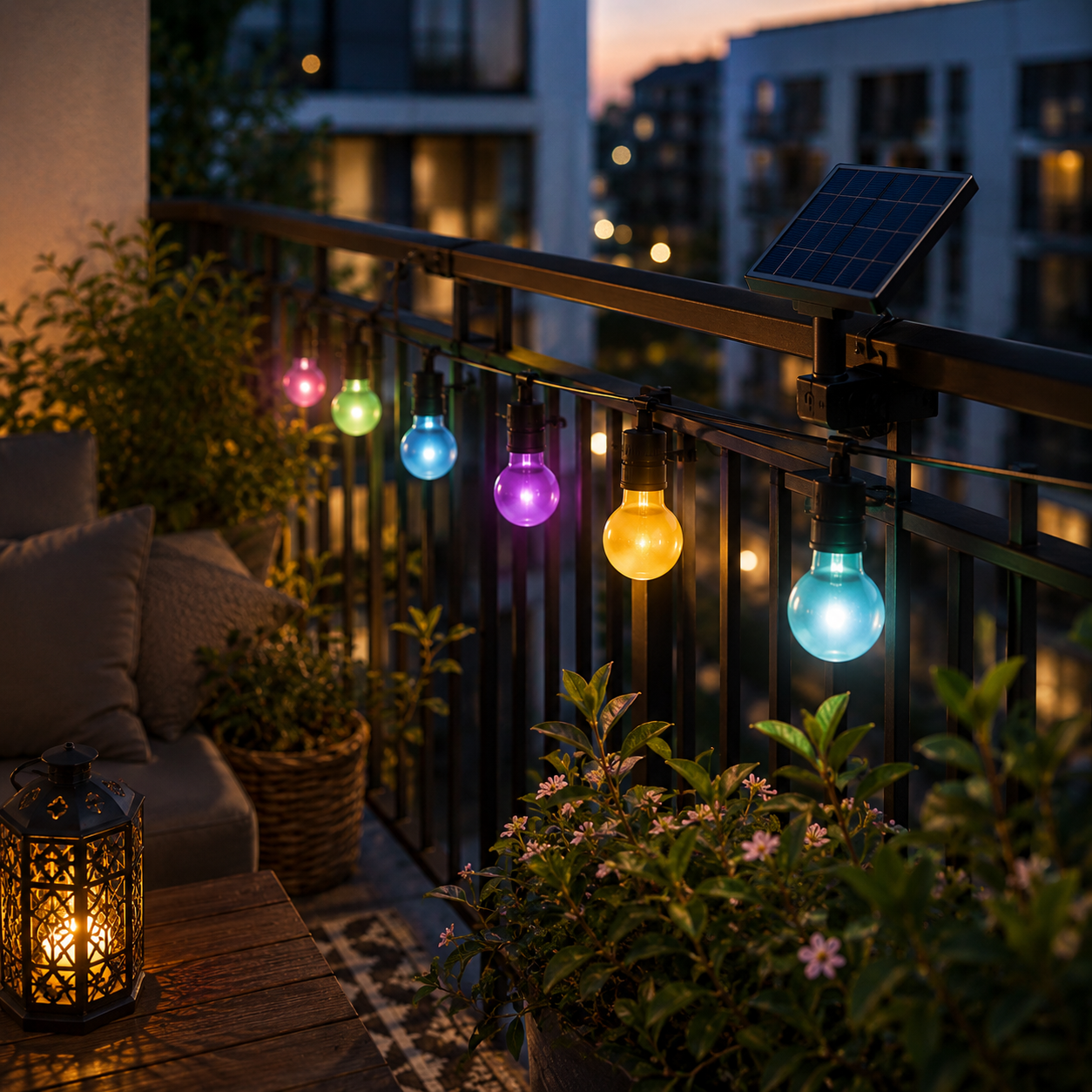 Balkon in de schemering met kleurrijke zonne-lichtslinger, planten en tuinmeubilair.