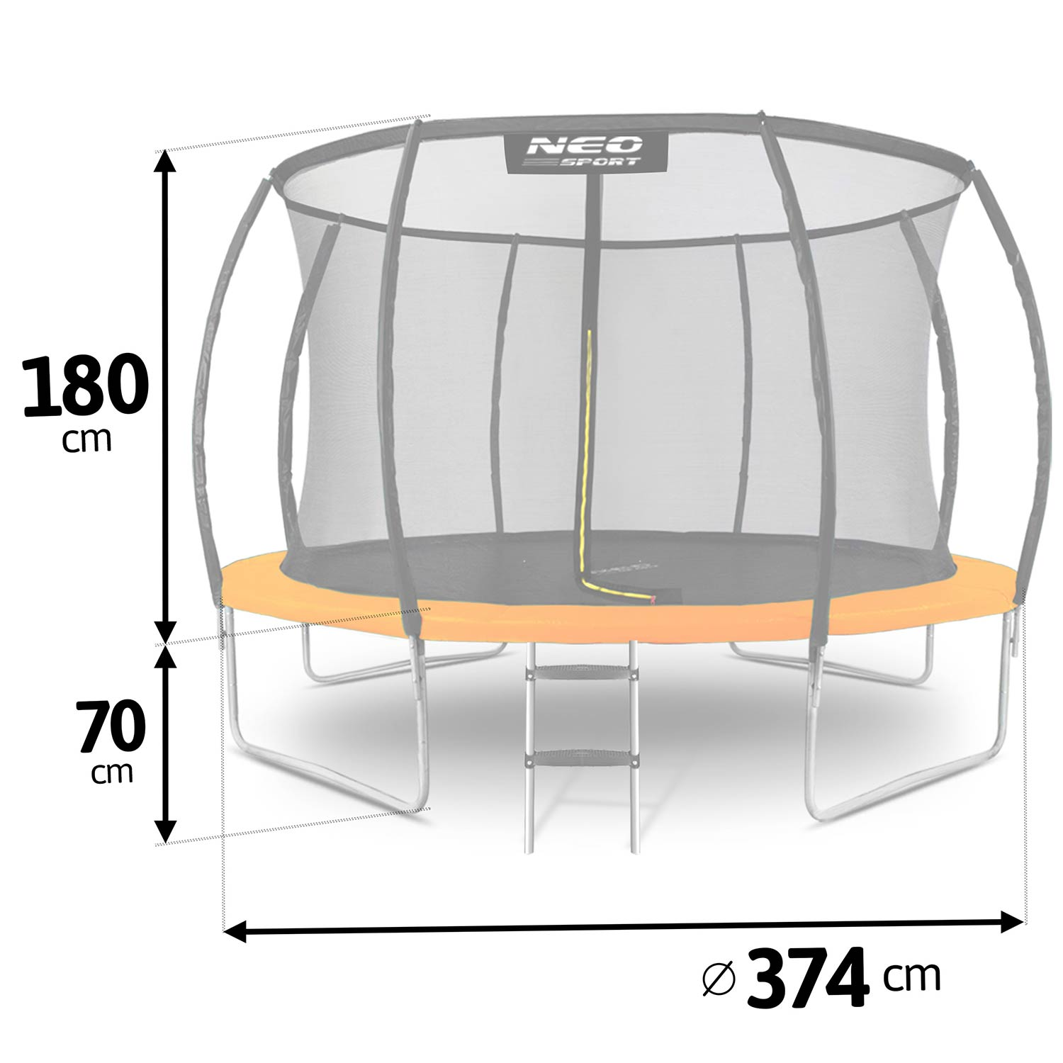 Trampolino con rete di sicurezza, bordo arancione, altezza 180cm, diametro 374cm.