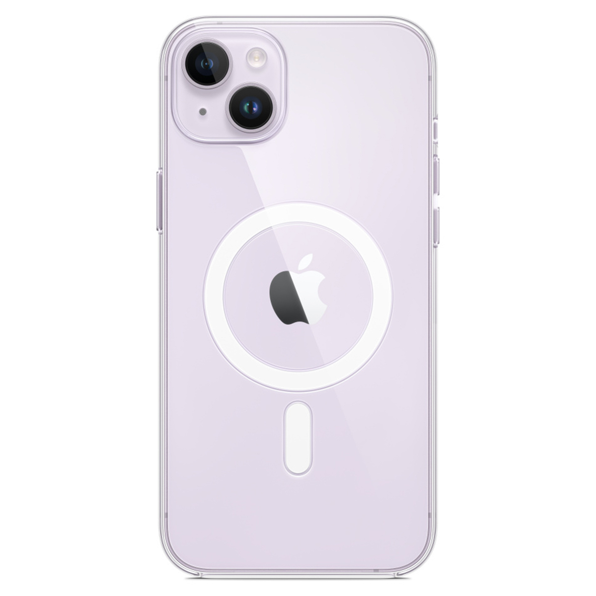 Un iPhone viola con custodia trasparente, doppia fotocamera e logo Apple.