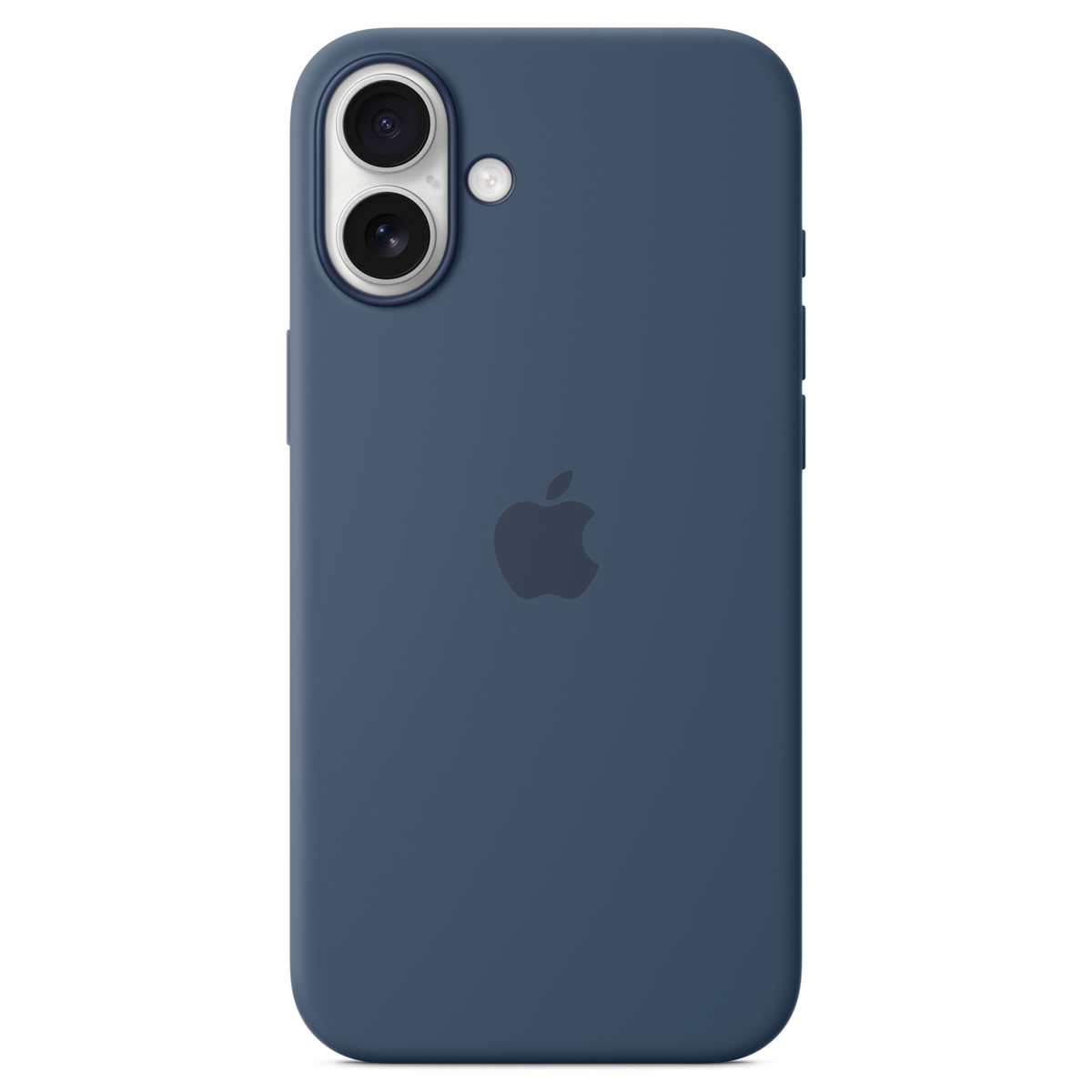 Granatowe etui na telefon z logo Apple i dwoma aparatami.