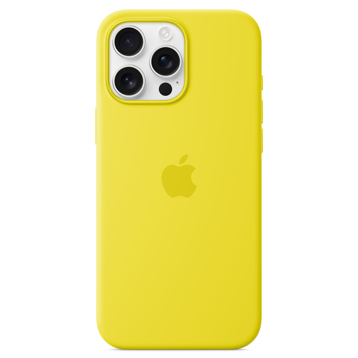 A bright yellow phone case featuring three camera lenses and the Apple logo.