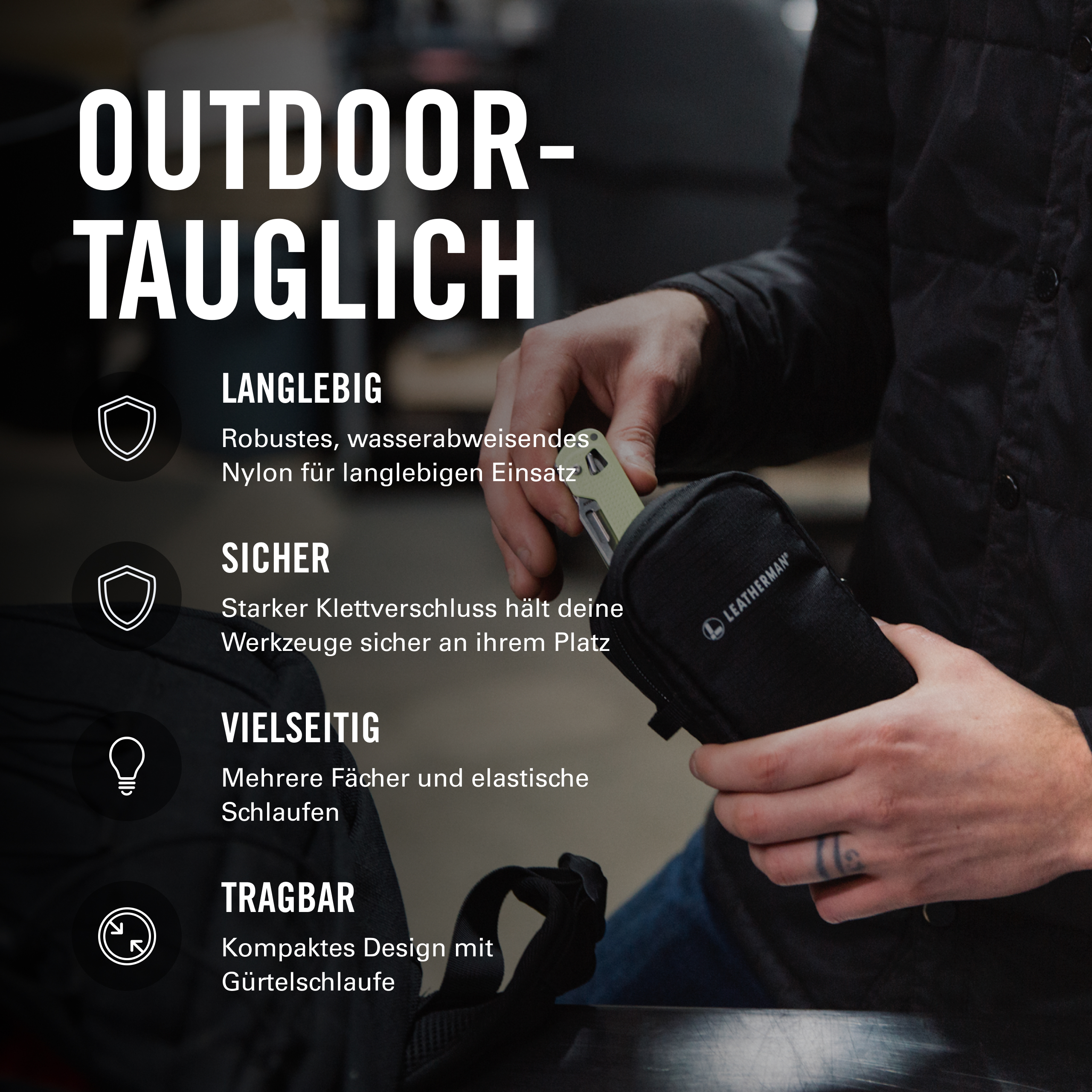 Person mit Werkzeugtasche und Messer. Text über Robustheit, Sicherheit, Vielseitigkeit und Tragbarkeit.