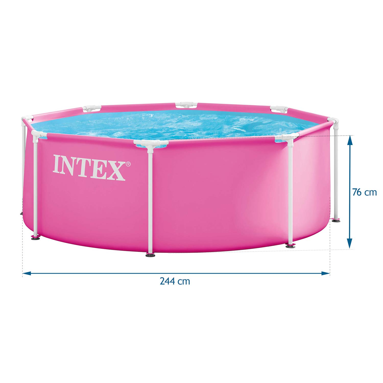 Różowy basen Intex, szer. 244cm, wys. 76cm. Wypełniony niebieską wodą.