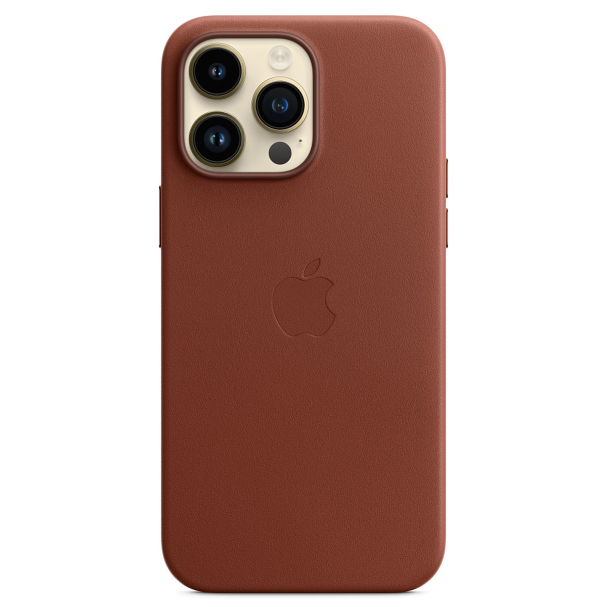 Custodia marrone per telefono con logo Apple e tre obiettivi.