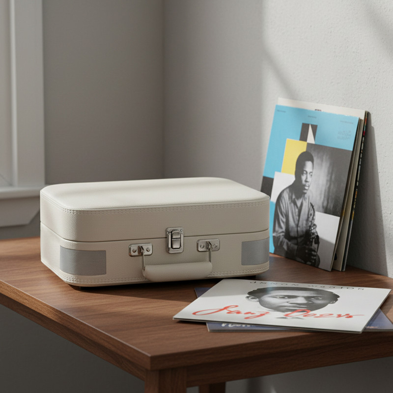 Kremowy gramofon w stylu walizki stoi na drewnianym stole obok płyt winylowych.