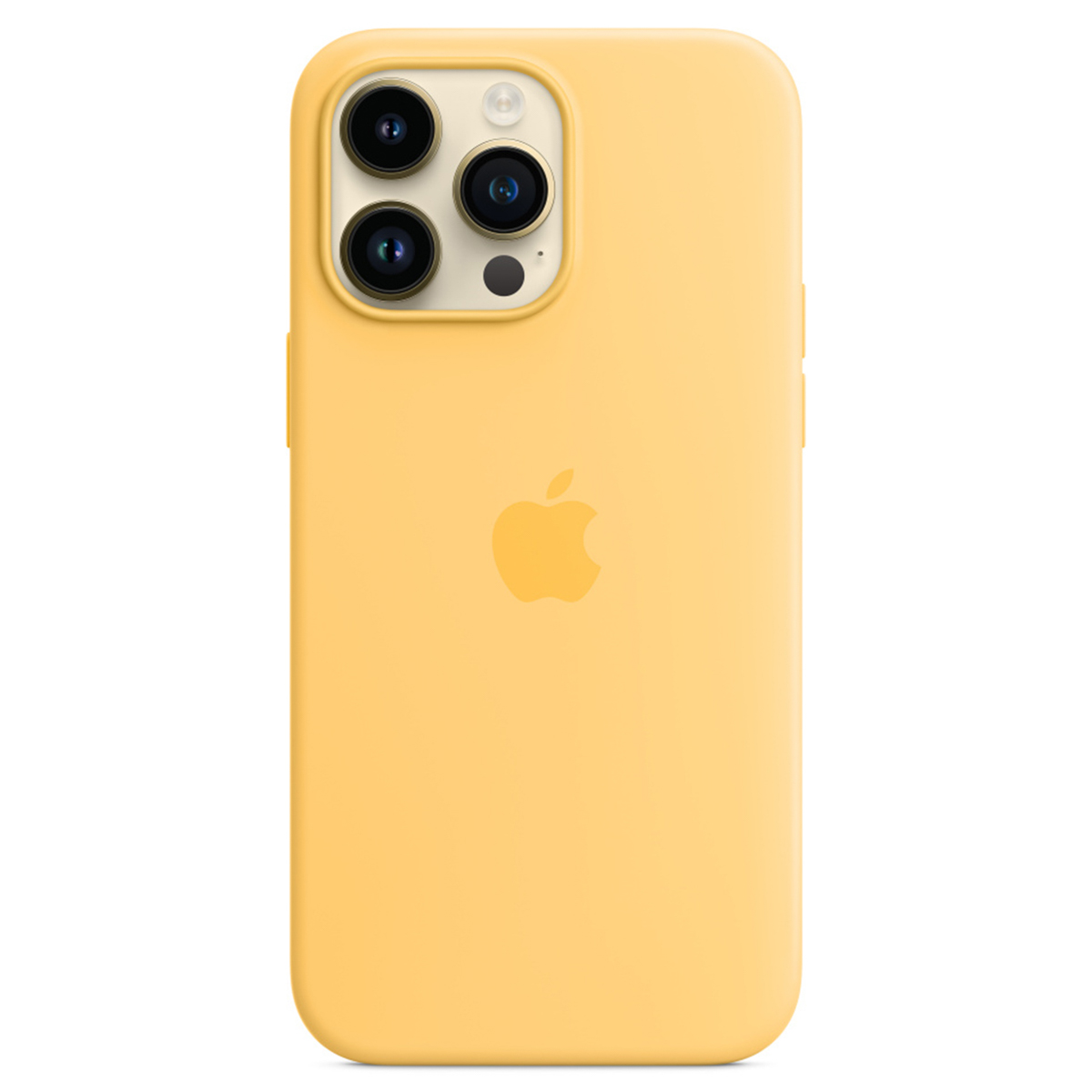Retro di un iPhone giallo con tre fotocamere e logo Apple.