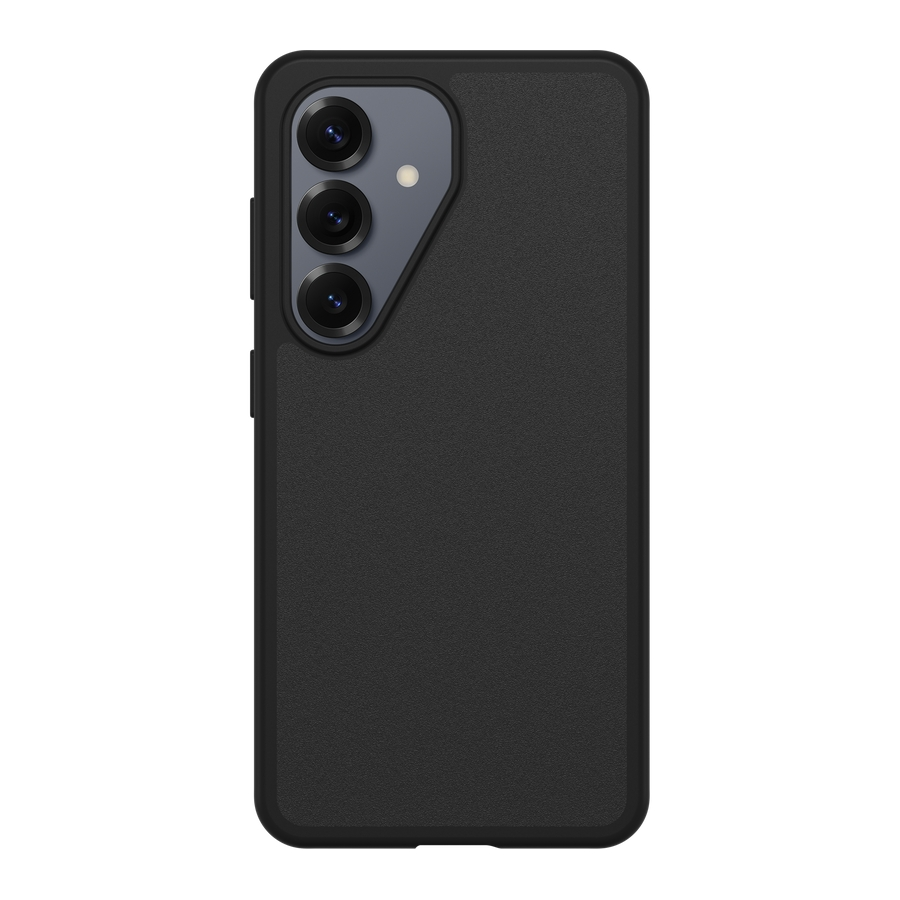 Schwarzes Handy mit dreifacher Kamera und Blitz oben links.