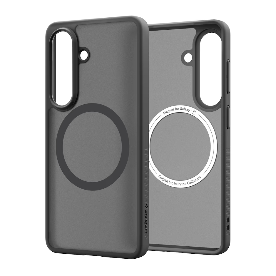 Zwei dunkle Handyhüllen mit Magnetring auf der Rückseite nebeneinander.