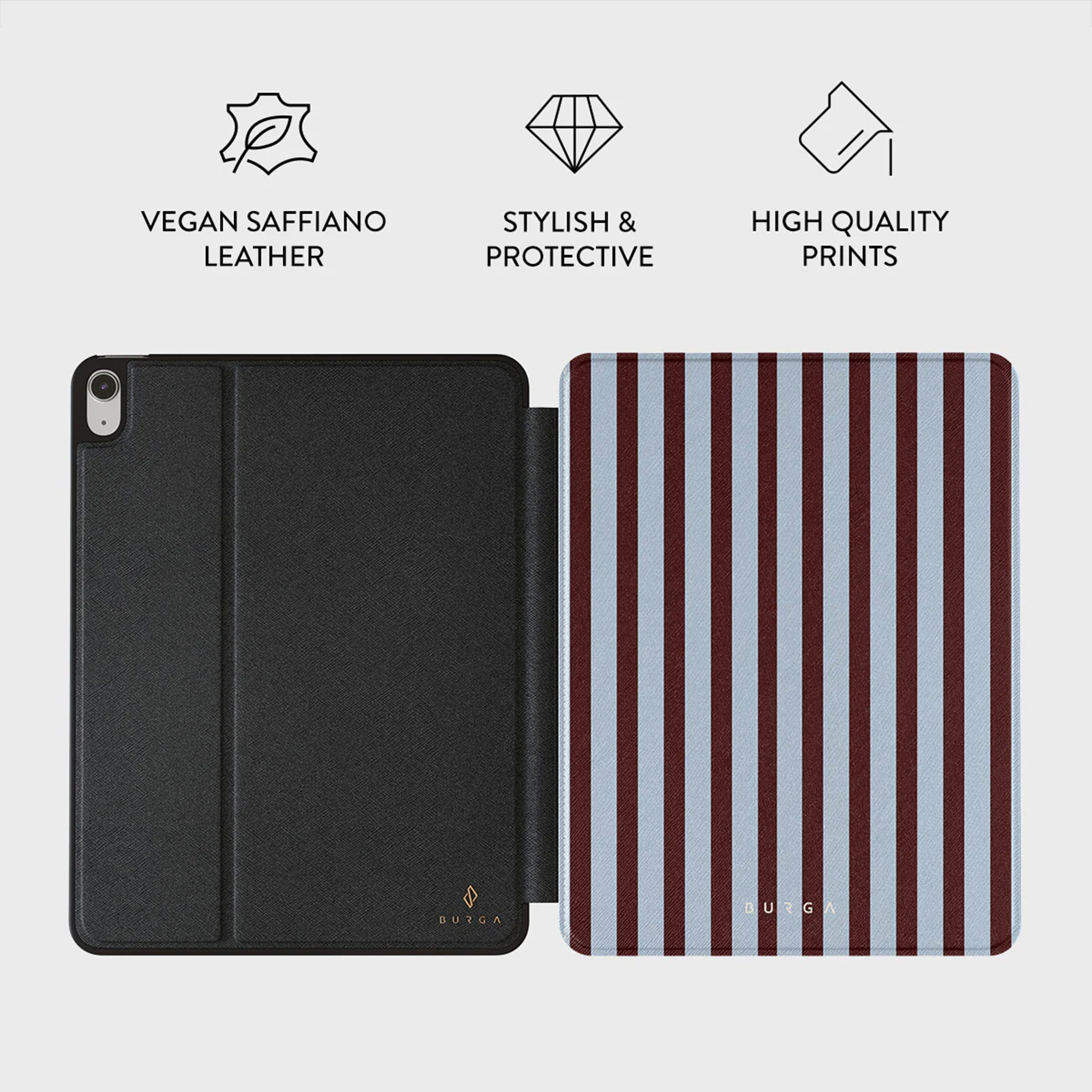 Étui iPad noir en cuir vegan ouvert, montrant un motif rayé à l'intérieur. Cuir Saffiano Vegan.