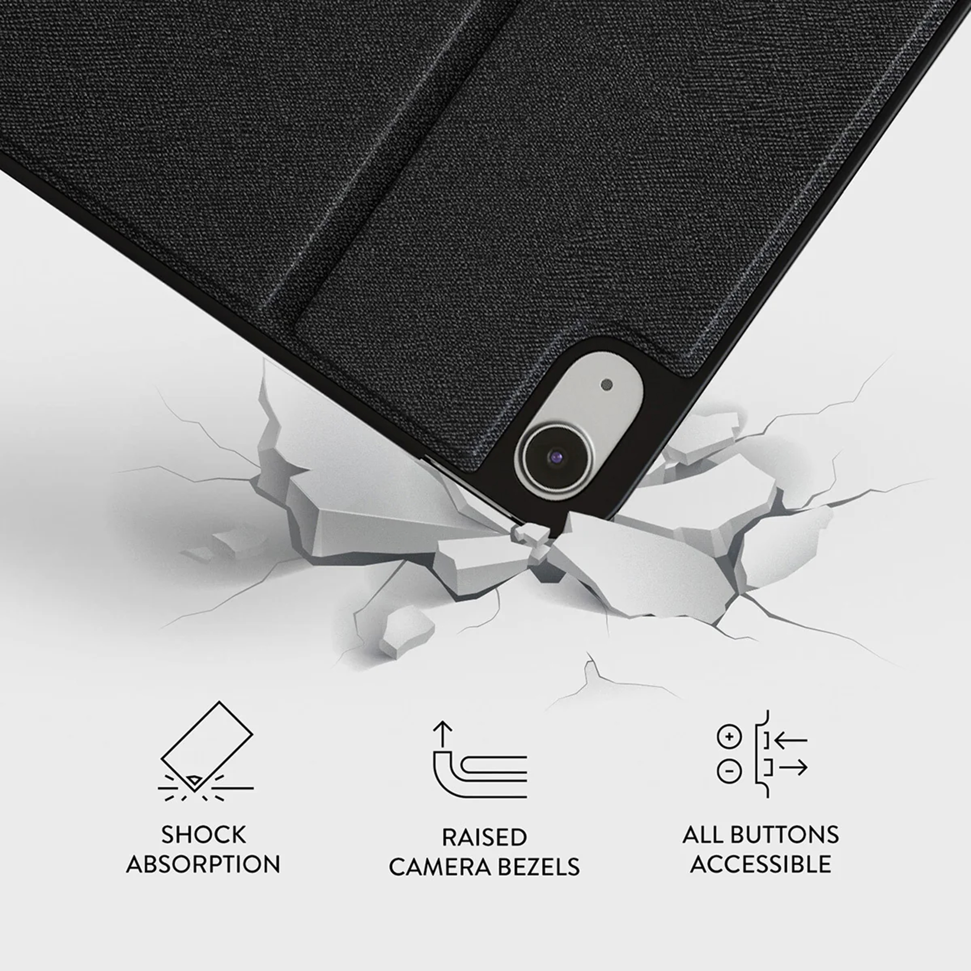 Coque de tablette noire tombant sur un sol fissuré. Icônes montrent absorption des chocs, bords surélevés pour appareil photo, boutons accessibles.