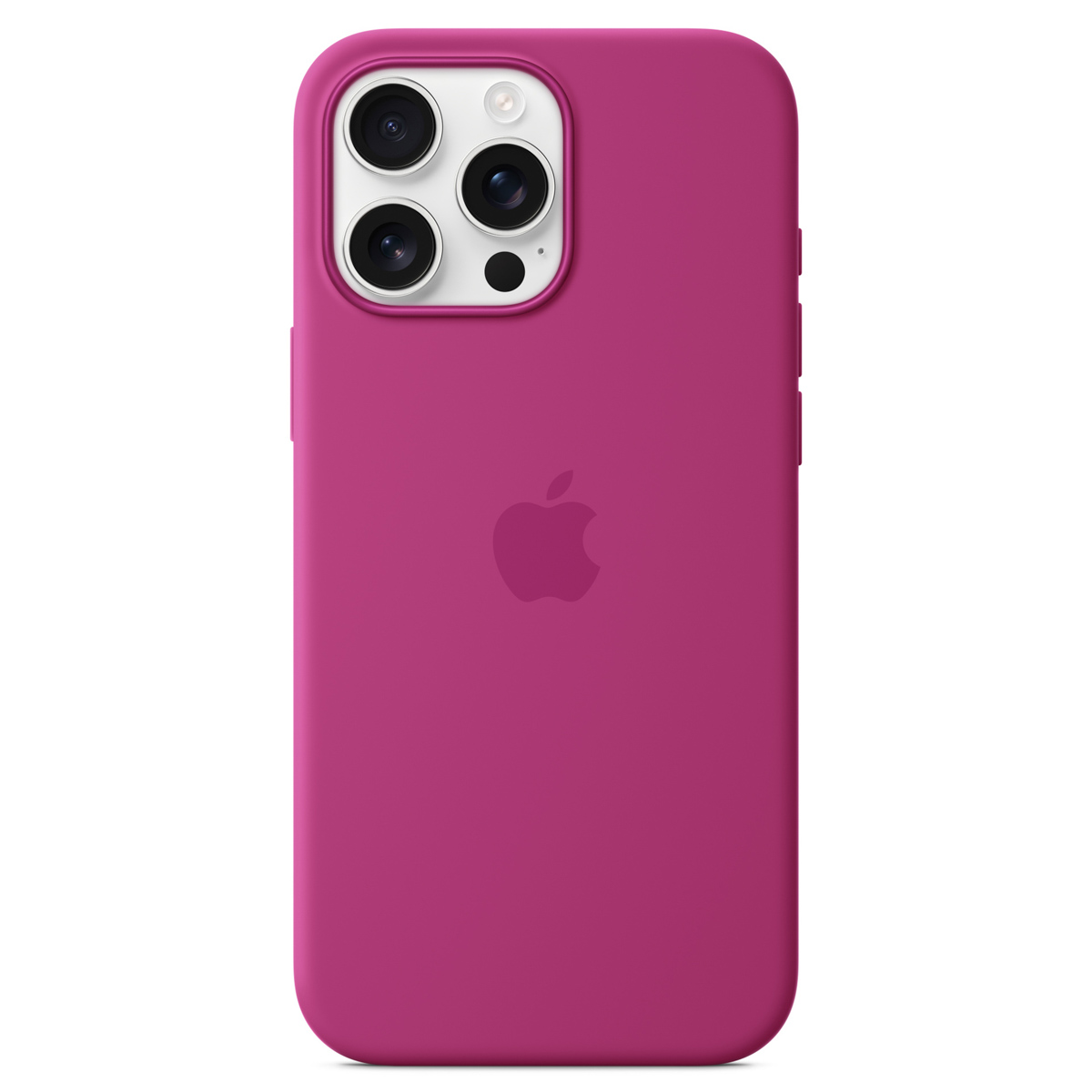 Magenta silikonowe etui na iPhone'a 15 Pro Max, prezentujące tył z widocznym logo Apple i potrójnym aparatem.