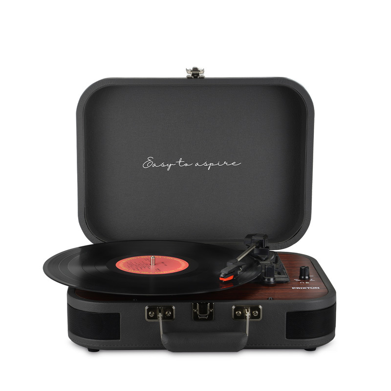 Un tocadiscos abierto estilo maleta con disco de vinilo y aguja.