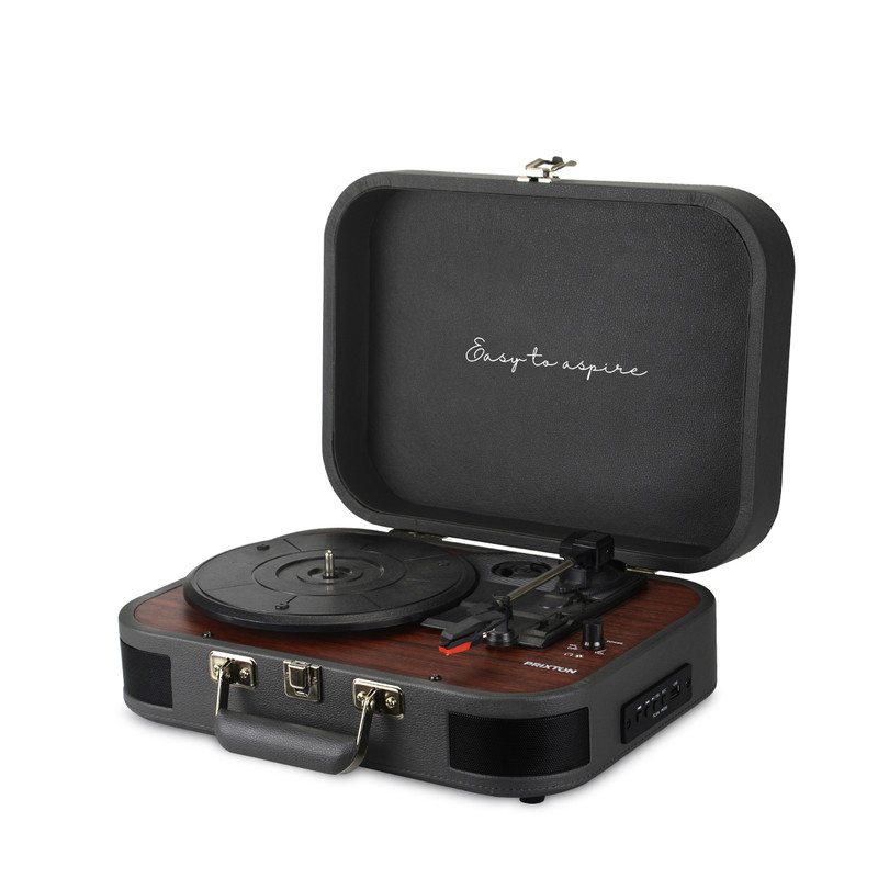 Tocadiscos vintage con base de madera y tapa negra abierta, mostrando el plato.