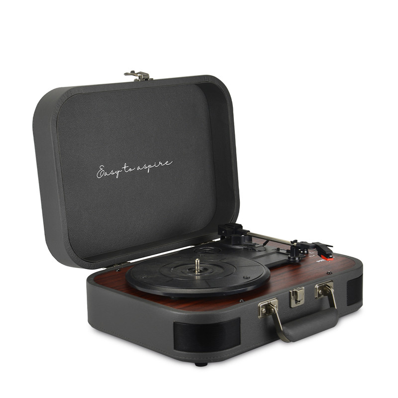 Un tocadiscos abierto tipo maleta con base de madera y carcasa gris.