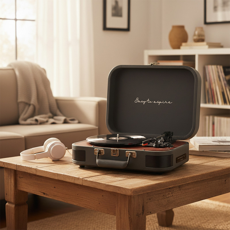 Un tocadiscos portátil gris oscuro con un disco de vinilo en una mesa de café de madera, auriculares blancos al lado.
