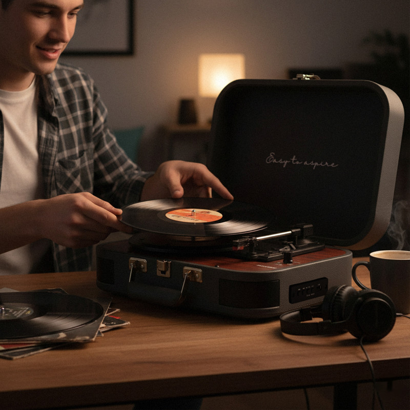 Hombre pone un disco de vinilo en un tocadiscos, café y auriculares cerca.