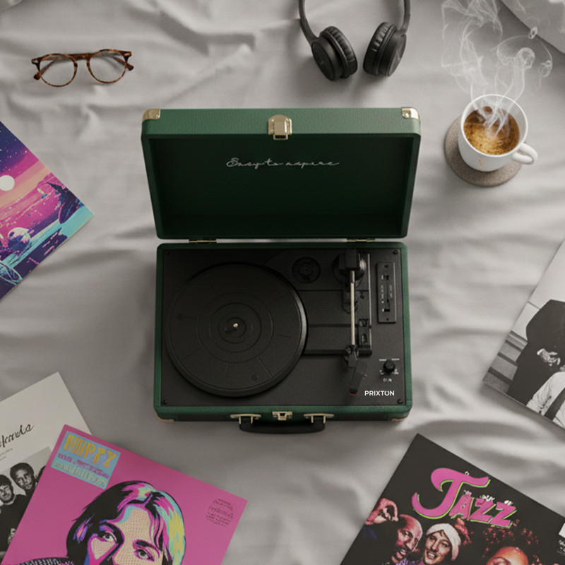 Zielony gramofon z płytami winylowymi, słuchawkami, okularami i parującą kawą.