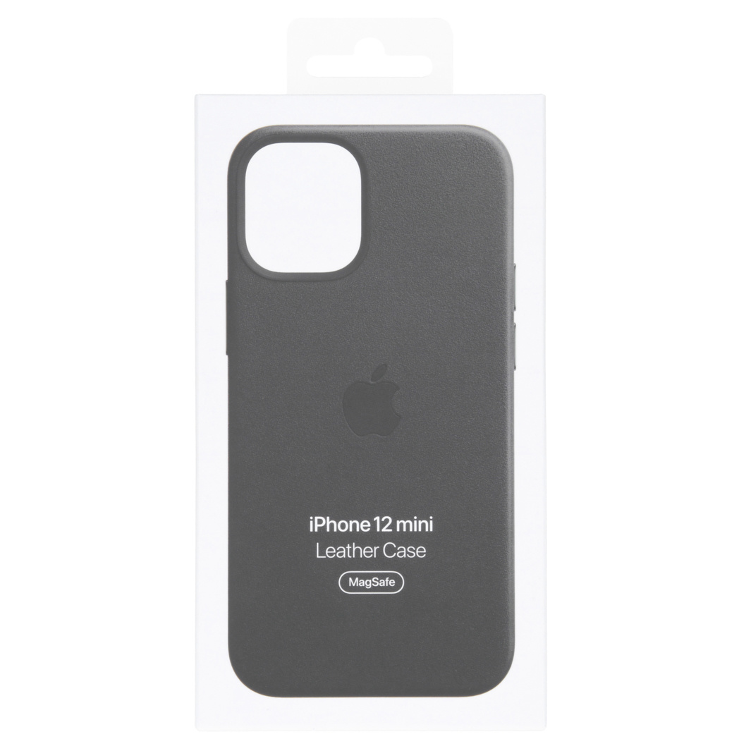 Dunkelgraue iPhone 12 mini Ledertasche mit MagSafe, in Verpackung.