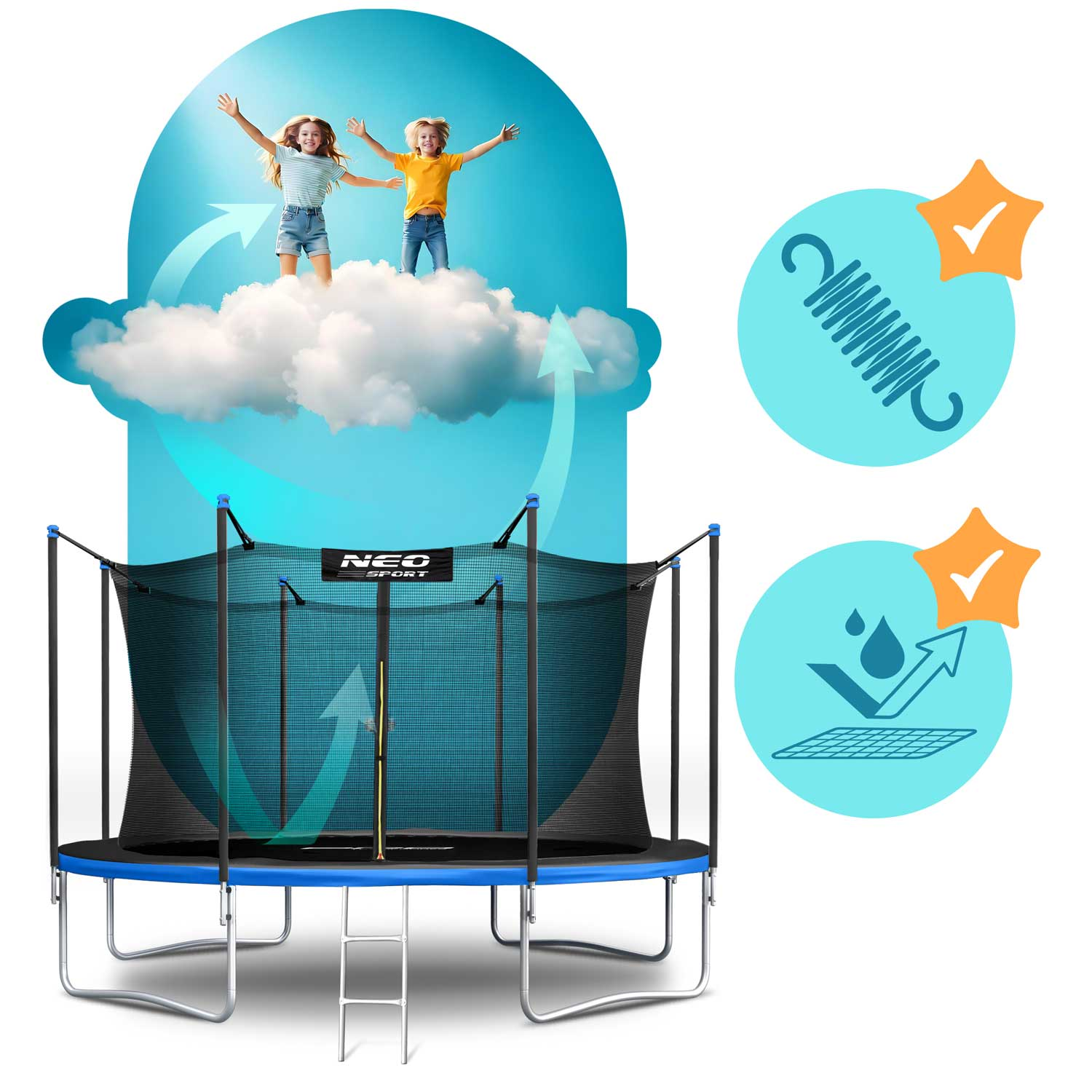 Dzieci skaczą na chmurze nad trampoliną z siatką zabezpieczającą i sprężynami.