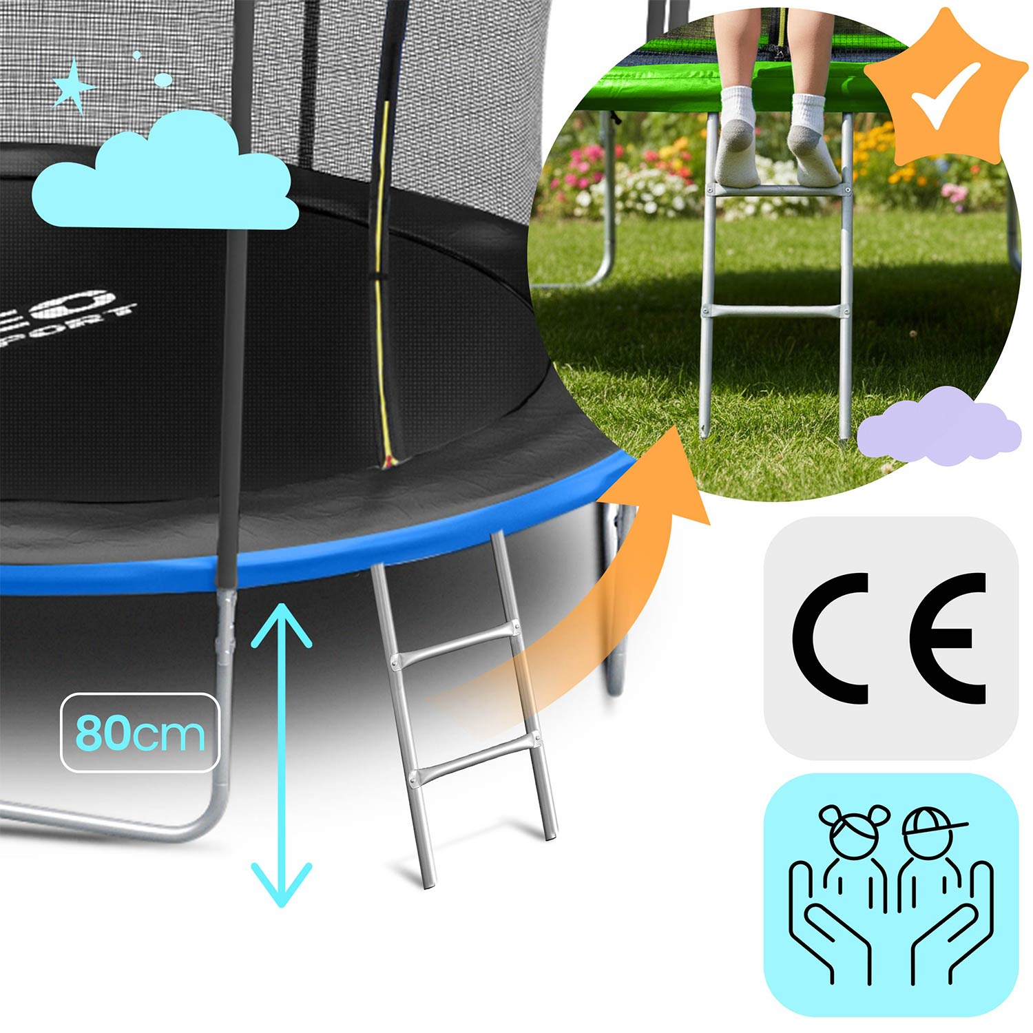 Trampolina z drabiną i znakiem CE, wysokość 80cm. Stopa dziecka na drabinie.