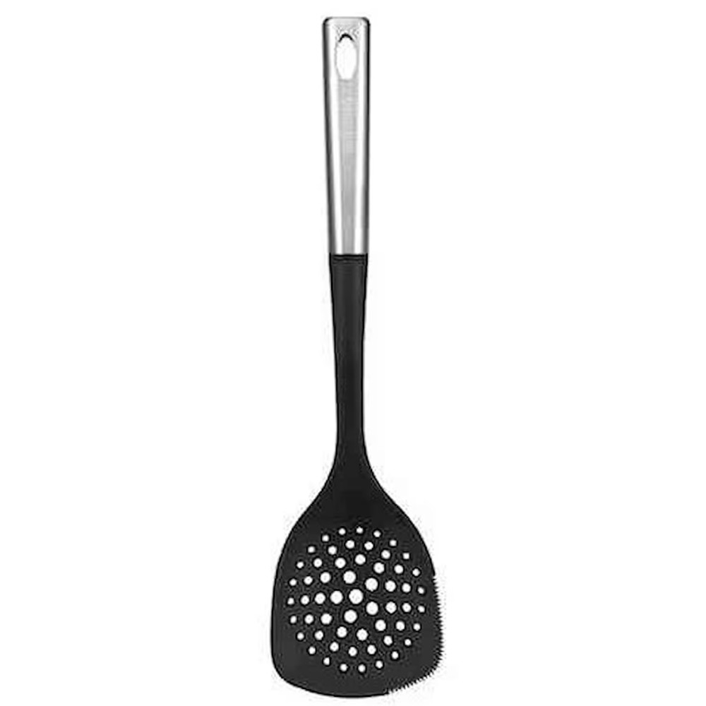 Gümüş saplı, delikli siyah spatula, asma deliği mevcut.