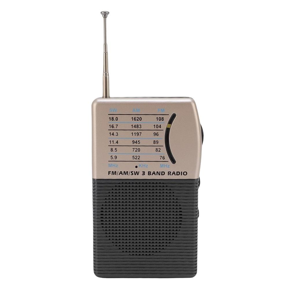 Gümüş ve siyah FM/AM/SW 3 bantlı radyo, anteni uzatılmış durumda.