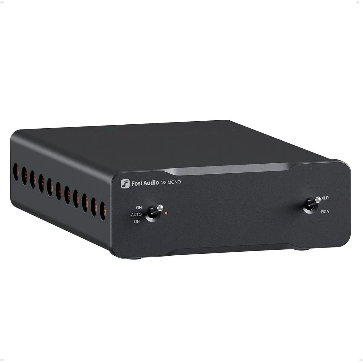 Schwarzes Fosi Audio V3 Mono Gerät mit Schalter und XLR/RCA-Anschlüssen.