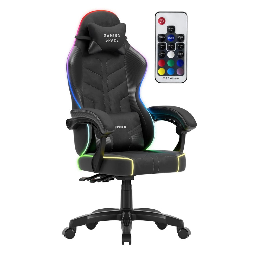 Czarny fotel gamingowy z oświetleniem RGB i pilotem.