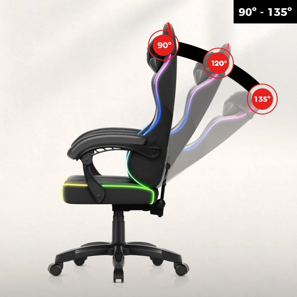Czarny fotel gamingowy z oświetleniem RGB, oparcie odchylane od 90 do 135 stopni.