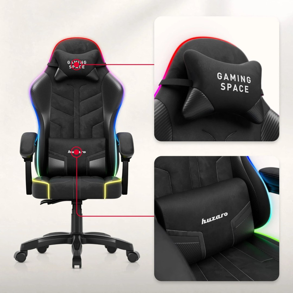 Czarny fotel gamingowy z oświetleniem RGB i zagłówkiem.