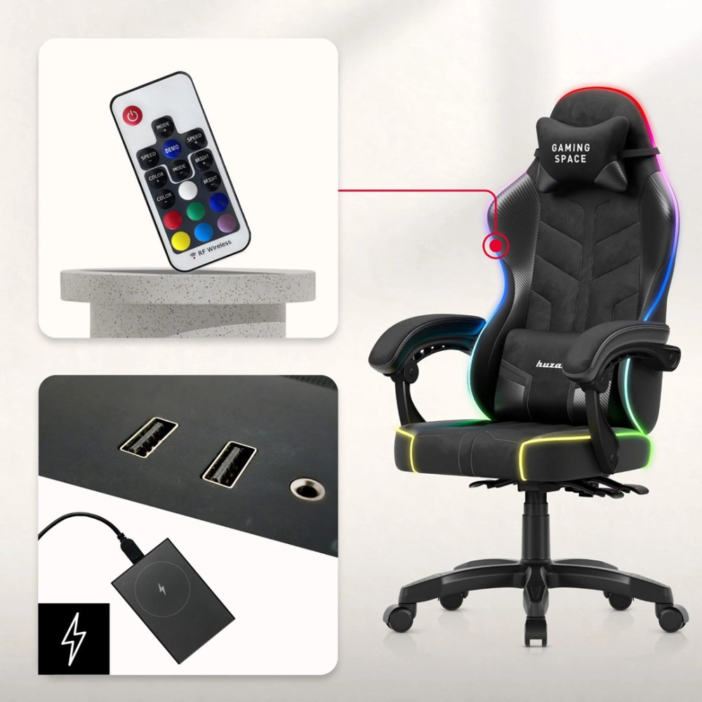 Czarny fotel gamingowy z oświetleniem RGB, pilotem i podkładką ładującą z portami USB.